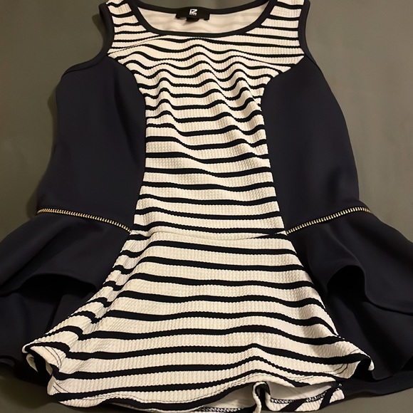 Iz Byer Medium Peplum striped navy blue & white Ruffle top zipper design - Picture 5 of 9